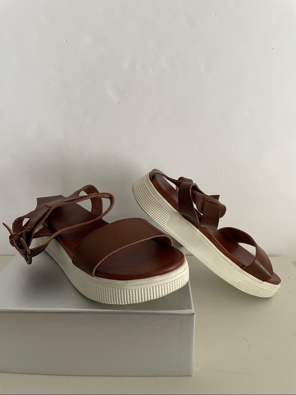 MIA Luna Platform Leather Ankle Strap Sandals Shoes Flats Brown/Cognac